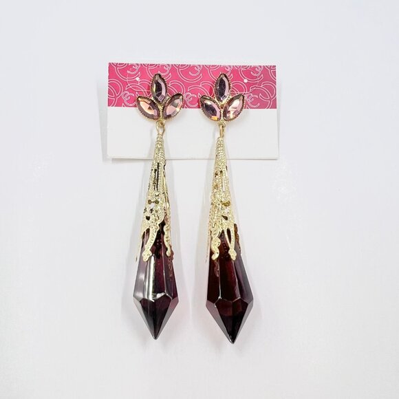 NWT – Charming Charlie – Brown Jeweled Drop Glass Dangle Gold Tone 3.5” Earrings - Picture 7 of 8
